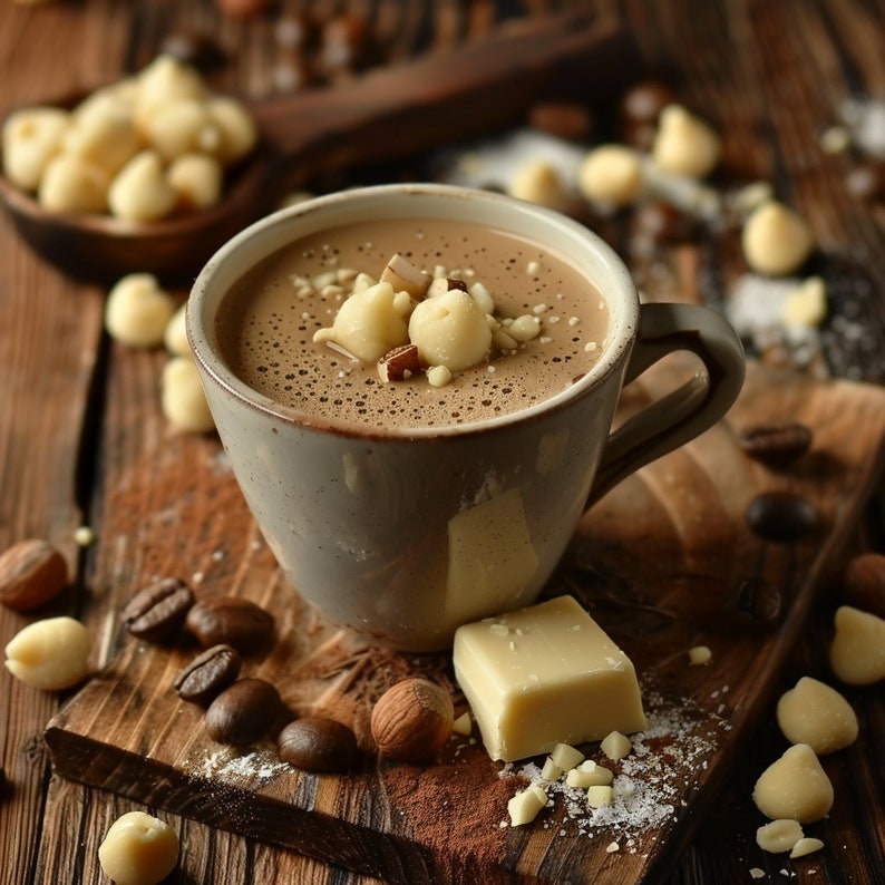 K&ouml;nnte beinhalten: Nahaufnahme einer Tasse hei&szlig;er Schokolade, die mit wei&szlig;en Schokoladenst&uuml;ckchen garniert ist. Die Tasse steht auf einer Holzoberfl&auml;che mit wei&szlig;en Schokoladenst&uuml;ckchen, Kaffeebohnen und einer wei&szlig;en Schokoladentafel.
