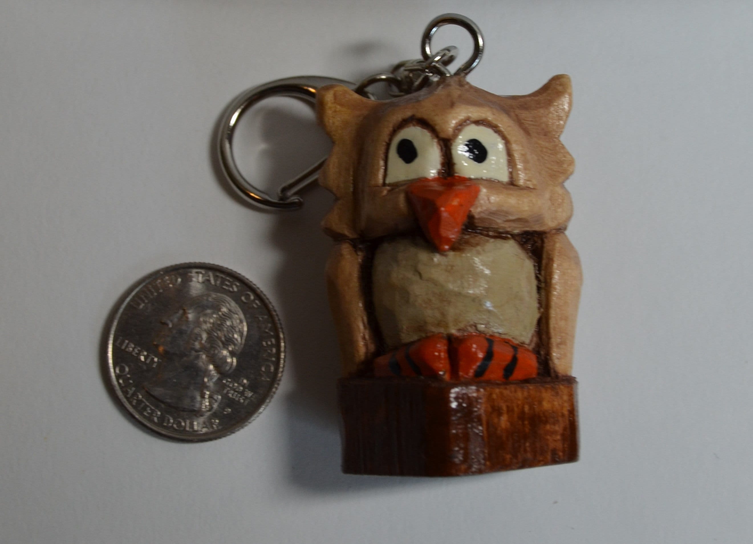 Cute Owl bird Keychain hand carved from basswood, fashion clip on, rustic owl key chain