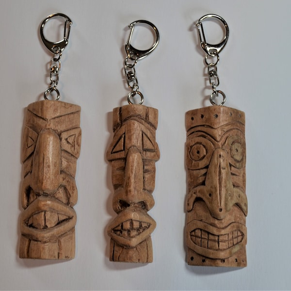 Tiki totem pole keychain, fashion clip, hand carved wood Tiki good luck charm