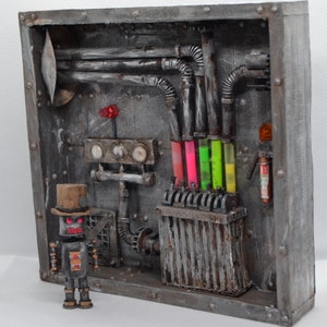 Steampunk Robot and Industrial Steampunk room with lights Diorama art object