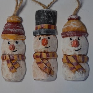 Winter wizardry student Snowman hand carved wood primitive folk art ornament, gift tag, rear view mirror