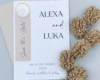 Minimalist Save the Date Card, Personalised Wedding Stationery, Wax Seal Design