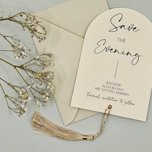 Quaste Speichern Sie die Abendkarten, Hochzeitsfeier, Rustikale Save The Date, Einzigartige Save The Dates, Minimalistische Hochzeitseinladung