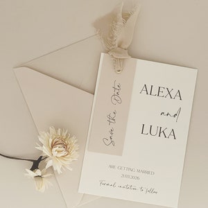 Neutral Save the Date Card, Personalised Wedding Stationery, Modern Ribbon Tag Design