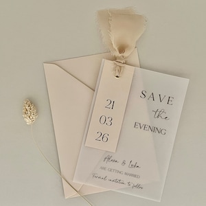 Cinta para guardar la noche, tarjetas de vitela para guardar la fecha, recepción de boda rústica, invitación única, invitación de boda minimalista, simple
