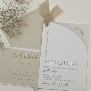 Neutral Wedding Invitation, Modern Curved Arch Design with Beige Ribbon, RSVP and Details Cards