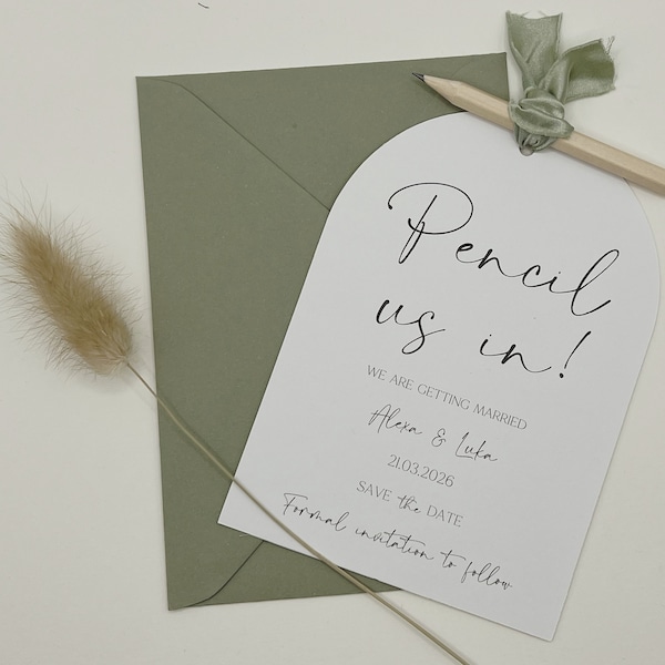 Pencil Us In Save The Date, Save The Date Cards, Save The Dates Rustic, Green Ribbon, Simple Invitation, Minimalist