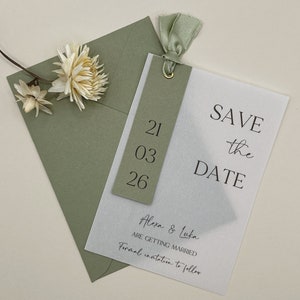 Sage Green Save the Date, Ribbon Save The Date Cards, Rustic Save The Date, Minimalist Wedding Invitation, Simple, Unique, Greenery