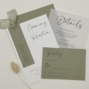Ribbon Wedding Invitation Set: Green Minimalist Stationery with QR Code