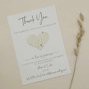 In plaats van bedankkaarten, trouwbedankjes voor liefdadigheidsinstellingen, donatiekaart voor liefdadigheidsinstellingen, cadeaubonnen, zaadgunsten, trouwbedankje, bloemzaadgunst