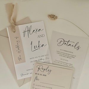 Neutral Wedding Invitation Set, Vellum Invitation, Ribbon Wedding Invite Bundle, Wedding Invitation and Envelope, Minimalist, QR Code