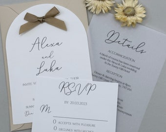 Nude Wedding Invitation Set, Vellum Invitation, Bow Wedding Invite Bundle, Wedding Invitation and Envelope, Modern, Elegant, QR Code