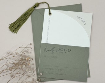 Sage Green Wedding Invitation Set, Vellum Invitation, Ribbon Wedding Invite Bundle, Wedding Invitation and Envelope, QR Code