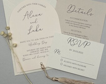 Boho Arch Wedding Invitation Set – Beige & Blush | Modern Minimalist RSVP + Details Card | Custom Printed