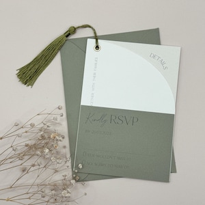 Sage Green Wedding Invitation Set, Vellum Invitation, Ribbon Wedding Invite Bundle, Wedding Invitation and Envelope, QR Code