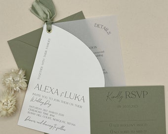 Conjunto de invitación de boda verde salvia, invitación de vitela, paquete de invitación de boda de cinta, invitación de boda y sobre, código QR