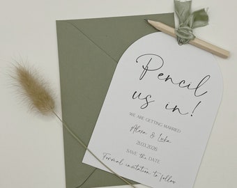 Pencil Us In Save The Date, Save The Date Cards, Save The Dates Rustic, Green Ribbon, Simple Invitation, Minimalist