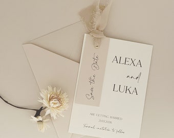 Neutral Save the Date Card – Ribbon Tag