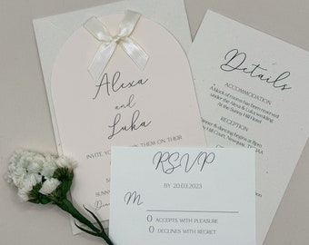 Nude Wedding Invitation Set, Bow Wedding Invite Bundle, Wedding Invitation and Envelope, Modern, Elegant, QR Code