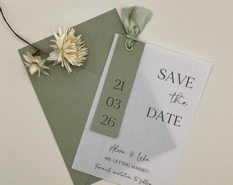 Sage Green Save the Date, Ribbon Save The Date Cards, Rustic Save The Date, Minimalist Wedding Invitation, Simple, Unique, Greenery