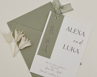 Sage Green Save the Date with Ribbon Tag | Minimalist Wedding Card