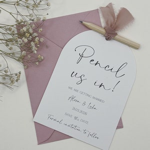 Lápices para guardar la fecha, guardar las tarjetas de fecha, guardar las fechas rústicas, cinta rosa, invitación simple, minimalista