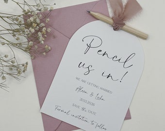 Pencil Us In Save The Date, Save The Date Cards, Save The Dates Rustic, Pink Ribbon, Simple Invitation, Minimalist