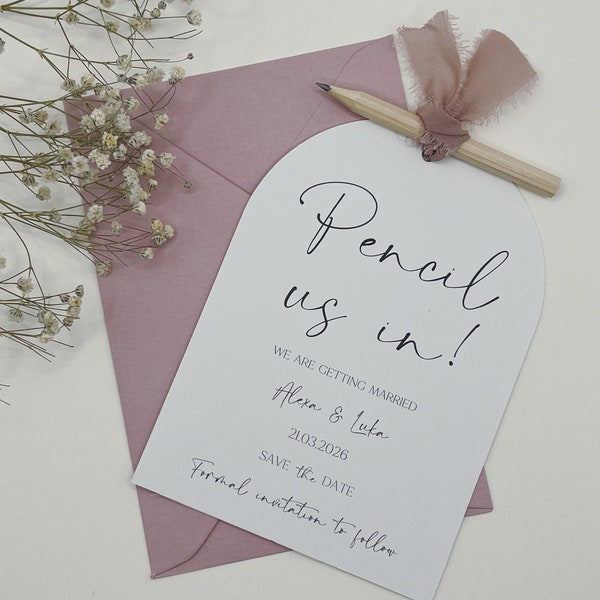 Pencil Us In Save The Date, Save The Date Cards, Save The Dates Rustic, Pink Ribbon, Simple Invitation, Minimalist