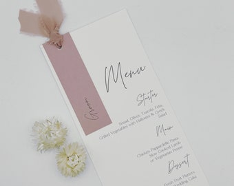 Dusky Pink Wedding Menu Cards, Modern Menu Card With Guest Names, Elegant Menu with Name Tags, Calligraphy Wedding Menu