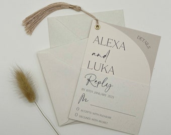 Neutral Wedding Invitation Set, Arched Invitation, Tassel Wedding Invite Bundle, Wedding Invitation and Envelope, QR Code