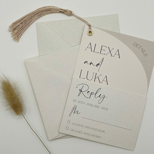 Neutral Wedding Invitation Set, Arched Invitation, Tassel Wedding Invite Bundle, Wedding Invitation and Envelope, QR Code