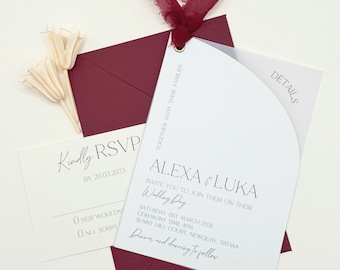 Burgundy Wedding Invitation Set, Vellum Invitation, Ribbon Wedding Invite Bundle, Wedding Invitation and Envelope, QR Code