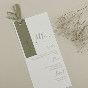 Sage Green Wedding Menu Cards, Modern Menu Card With Guest Names, Elegant Menu with Name Tags, Calligraphy Wedding Menu