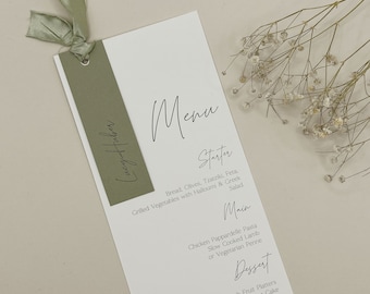 Sage Green Wedding Menu Cards, Modern Menu Card With Guest Names, Elegant Menu with Name Tags, Calligraphy Wedding Menu