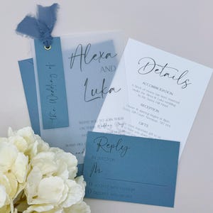 Blaue Hochzeitseinladungen, Wintereinladung, Band-Hochzeits-Einladungs-Bündel, Hochzeitseinladung mit Umschlag, einfache Einladungen, QR-Code