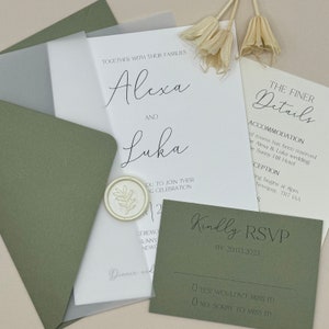 Green Vellum Wedding Invitation Set, Neutral Wedding Invitation, RSVP, Wax Seal & Vellum Wrap, QR Code