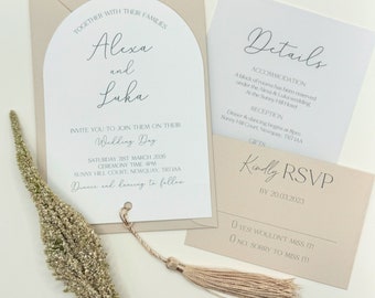 Neutral Wedding Invitation, Wedding Invitations Set, Arched Wedding Stationary, Wedding Invitation and Envelope, QR Code