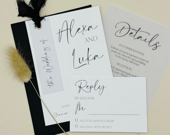 Conjunto de invitación de boda elegante, invitación de pergamino, paquete de invitación de boda con cinta, invitación y sobre de boda, minimalista, código QR