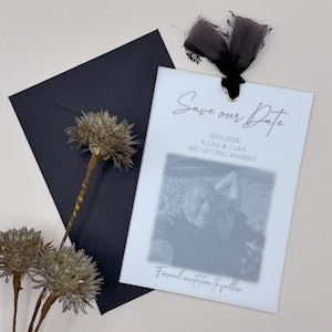 写真付きSave the Dateカード、写真付き招待状、Save The Dateポストカード、シンプルなSave The Date、写真付きSave Our Date招待状、リボン