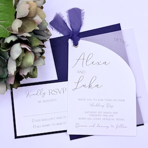 Navy Wedding Invitation, Blue Invitation, Ribbon Wedding Invite Bundle, Wedding Invitation and Envelope, QR Code