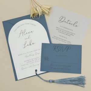 Blue Wedding Invitation Set, Vellum Arched Invitation, Tassel Wedding Invite Bundle, Wedding Invitation and Envelope, QR Code