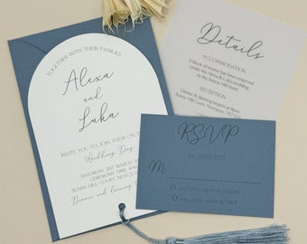 Blue Wedding Invitation Set, Vellum Arched Invitation, Tassel Wedding Invite Bundle, Wedding Invitation and Envelope, QR Code