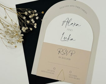 Neutral Wedding Invitation Set, Arched Invitation, Ribbon Wedding Invite Bundle, Wedding Invitation and Envelope, QR Code