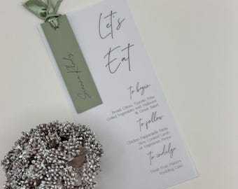 Personalized Wedding Menu Card with Sage Green Ribbon & Name Tag
