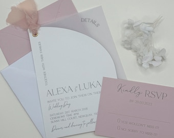 Invitación de boda rosa rubor, conjunto de invitación de vitela, paquete de invitación de boda de cinta, invitación de boda y sobre, código QR