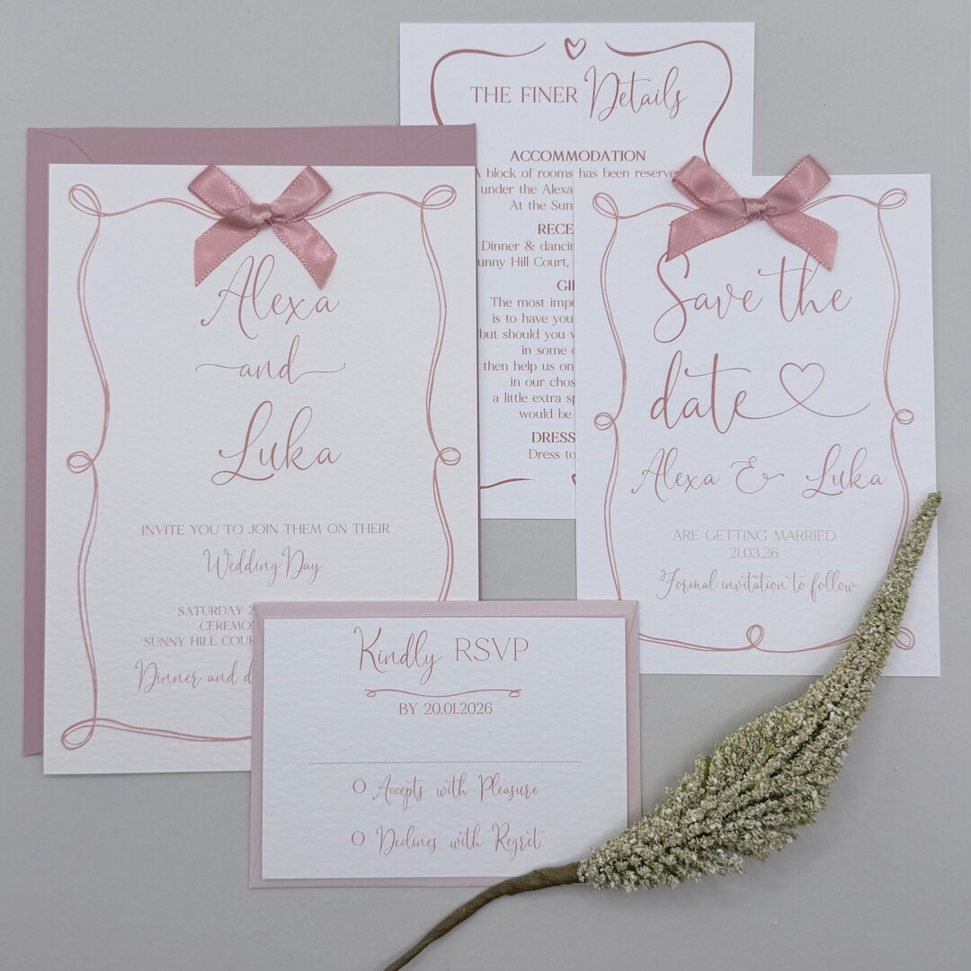 Blush Pink Wedding Invitation Suite With Ribbon Bow - Etsy