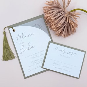Salbeigrüne Hochzeitseinladung, Quaste, Hochzeitseinladung, Hochzeitseinladung und Umschlag, QR-Code