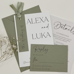 Grünes Hochzeitseinladungs-Set, Boho-Einladungsbündel, Band-Hochzeits-Einladungsbündel, Salbei minimalistisch, einfach, Grün, QR-Code