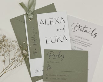 Sage Green Wedding Invitation Suite with Ribbon