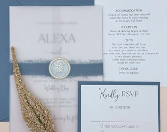 Blue Wedding Invitation Set: Vellum Wrap & Wax Seal